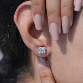 Front View of Cushion Cut Round Diamond Halo Stud Earrings In Women Ear's 