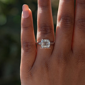 Close-Up View of Asscher Cut Moissanite Engagement Ring In White Gold        
