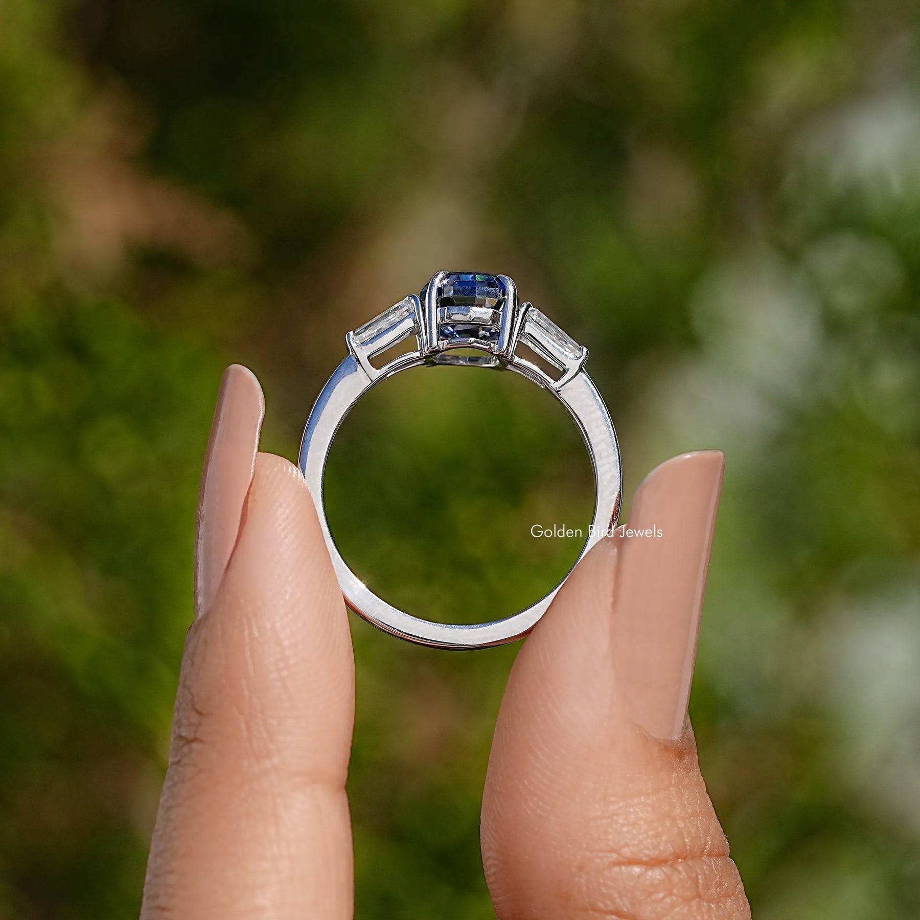 Blue Step Cut Oval Moissanite Three Stone Ring