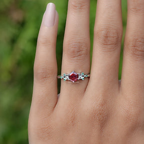 In Finger front view of Hexagon Cut Gemstone Engagement Ring In White Gold