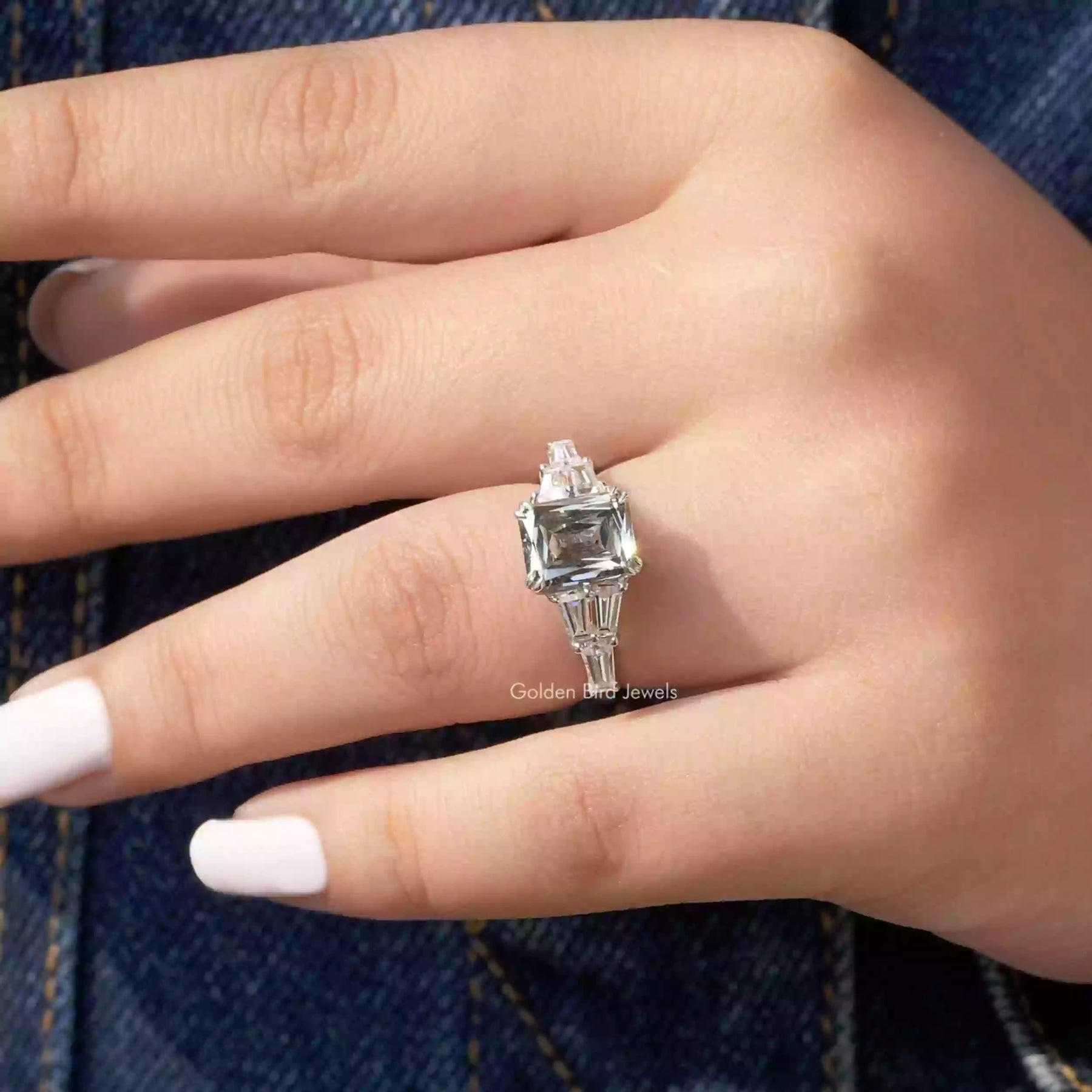 Detailed View Of Tapper Baguette And Criss Cut 2 Stone Ring In White Gold
