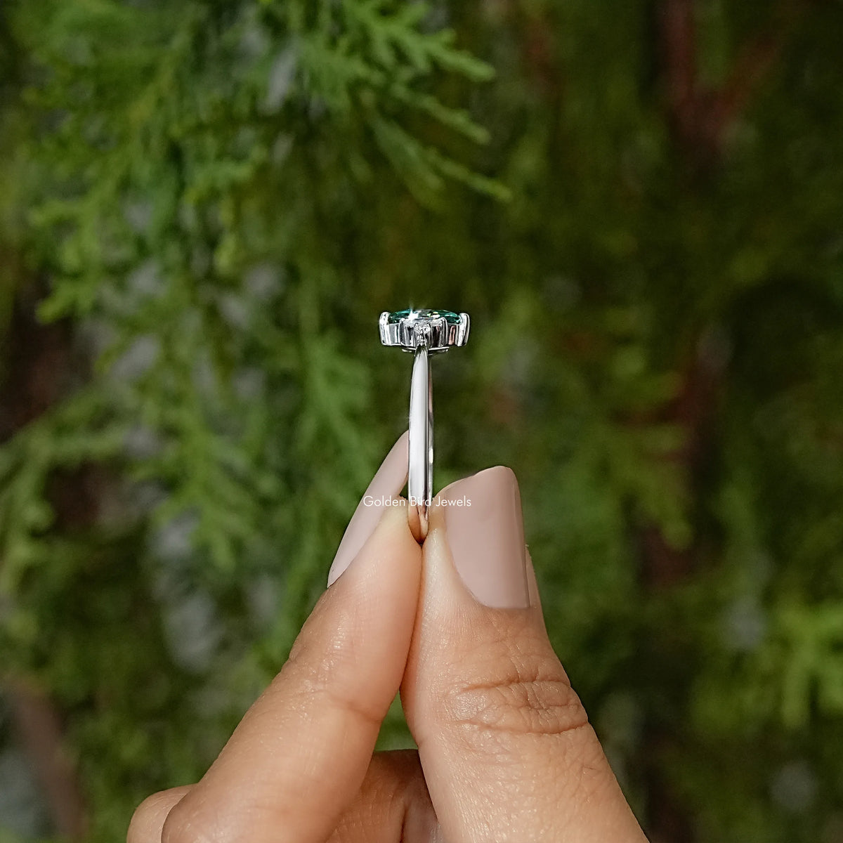 Green Marquise Moissanite Three Stone Engagement Ring