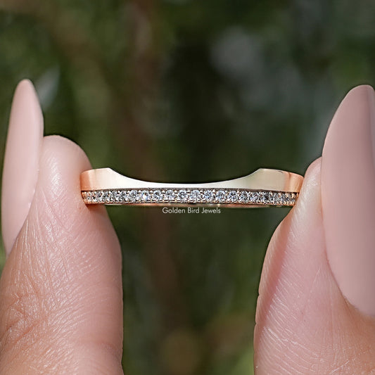Gold-tone diamond wedding band with round-cut lab-grown stones in a slim pave row