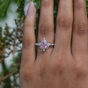 Front View of Pink Tourmaline Pear Shaped Gemstone Ring In White Gold