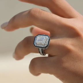 View of Emerald Cut Moissanite Vintage Style Engagement Ring In Finger