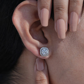 Front View of Vintage European Round Cut Halo Earrings In White Gold