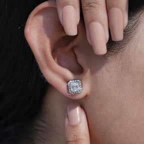 Close-Up View of Asscher Cut Diamond Halo Stud Earrings In White