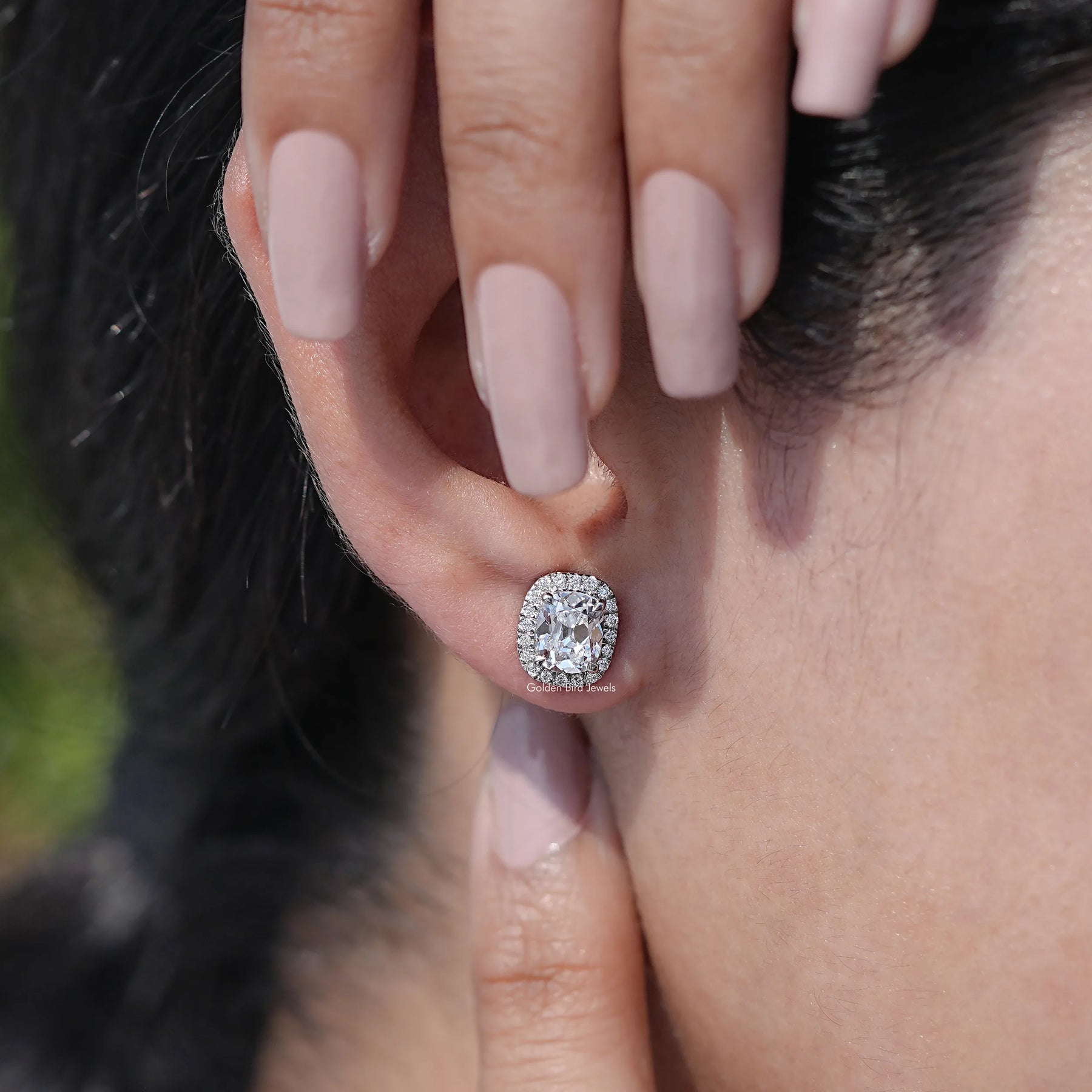Front View of Elongated Old Mine Cushion Cut Halo Stud Earrings In White Gold 