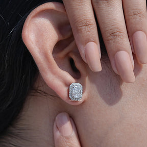 View of Radiant Cut Halo Stud Earrings In White Gold