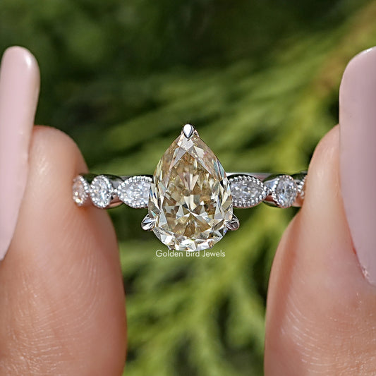 Yellow Pear Cut Moissanite Gemstone Engagement Ring