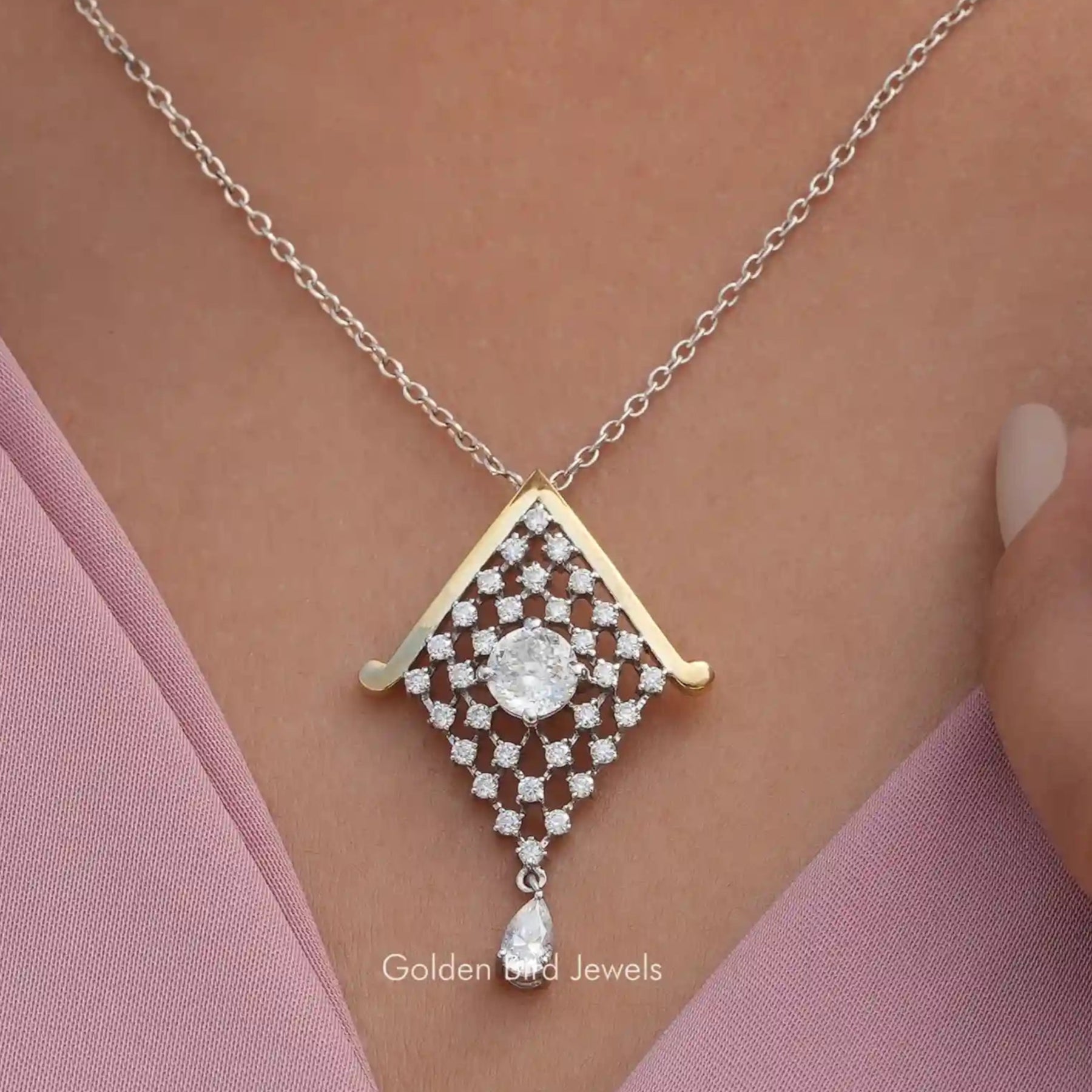 View of Portuguese cut moissanite solitaire pendant 