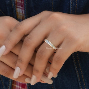Close-Up View of Round Cut Diamond Half Wedding Band In Yellow Gold 