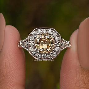 Yellow Old Mine Cushion Moissanite Halo Accent Ring