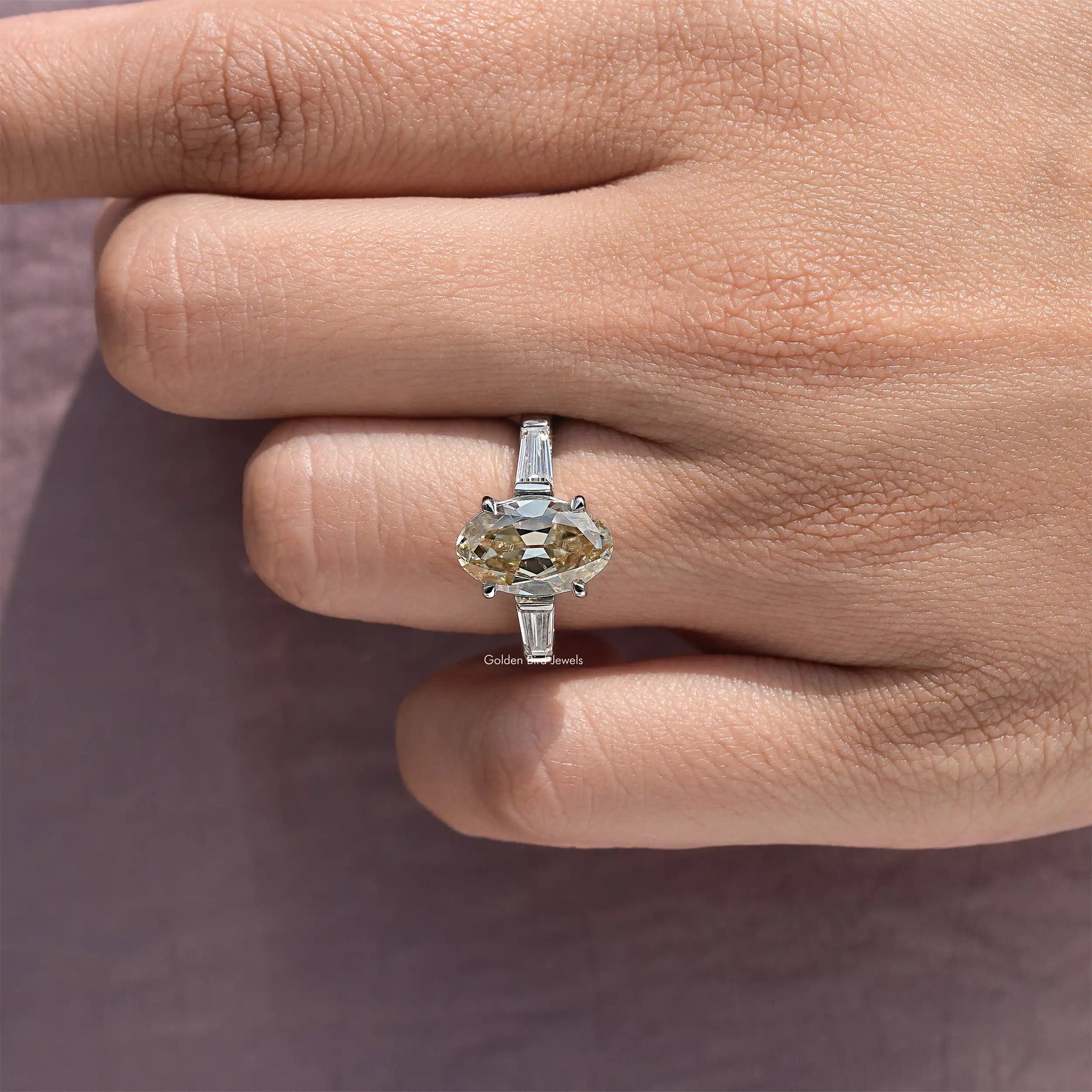 Yellow Old Mine Oval Moissanite Three Stone Ring