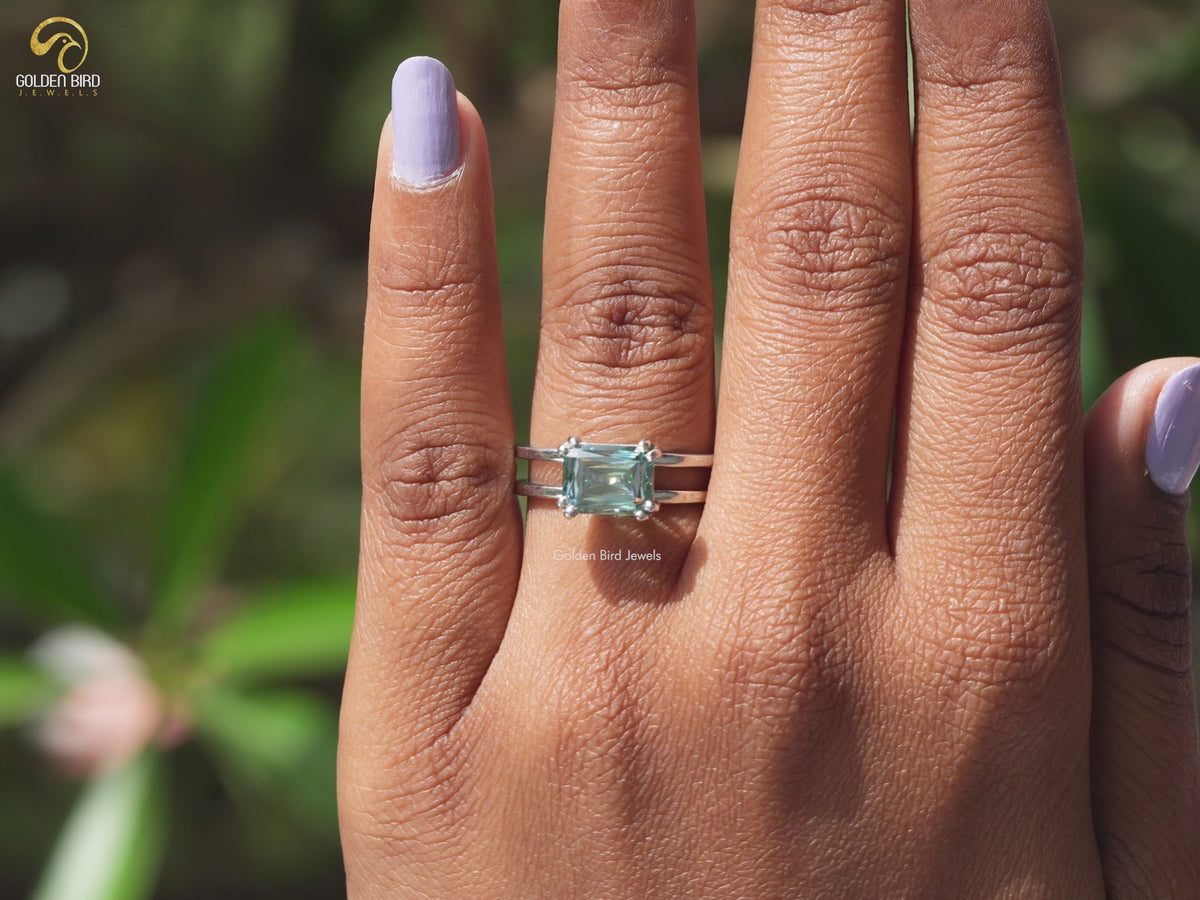 Blue Criss Cut Moissanite Solitaire Engagement Ring