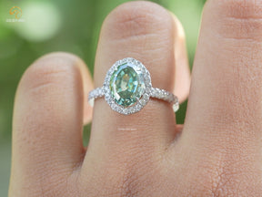 Dark Green Step Cut Oval Moissanite Halo Engagement Ring