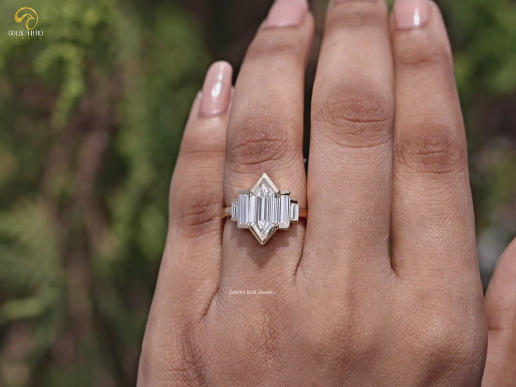 You tube Video Of Step Cut Hexagon Lab Diamond Five Stone Ring