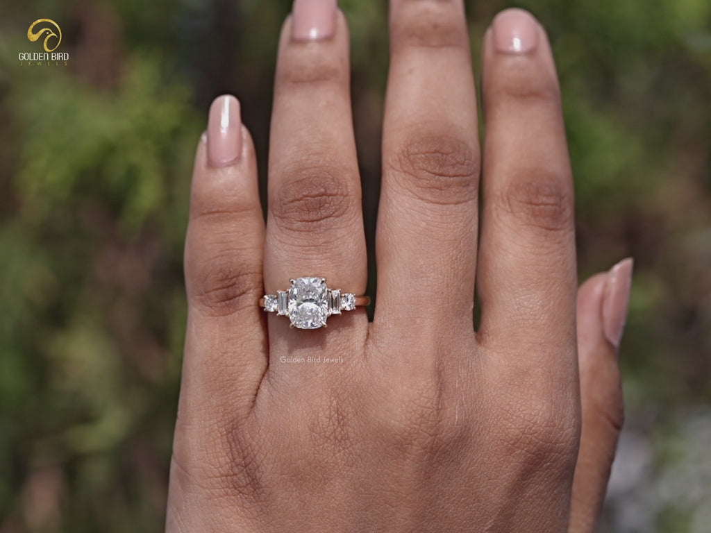 You tube Video Of Cushion And Baguette Lab Diamond Five Stone Ring