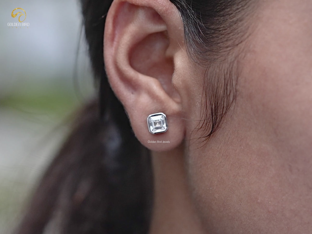 Asscher Cut Lab Diamond Bezel Set Stud Earrings