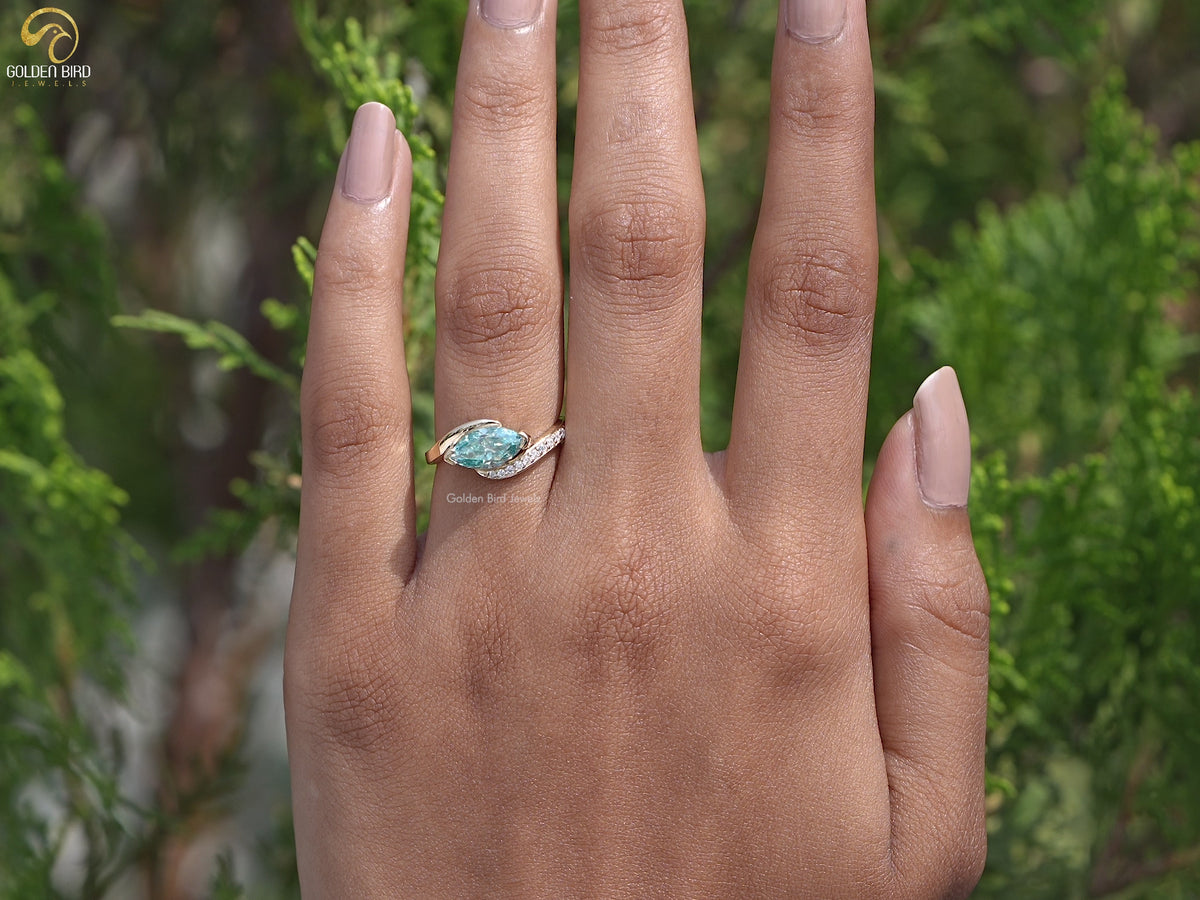 East West Blue Marquise Moissanite Bypass Ring