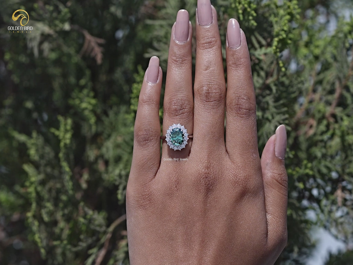 You tube Video of Green Oval Cut Moissanite Halo Engagement Ring