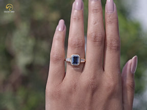 Blue Emerald Cut Moissanite Three Stone Ring