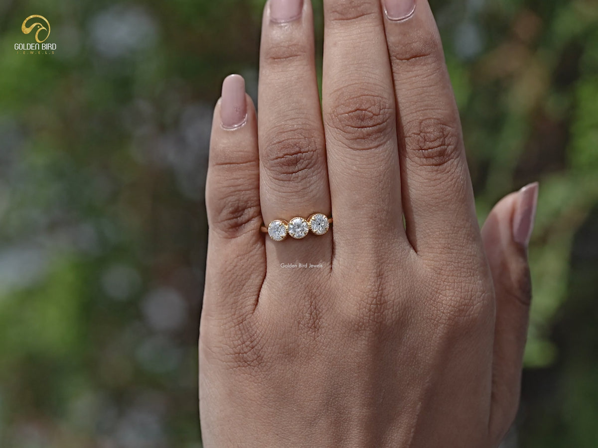 Old European Cut Round Moissanite Three Stone Ring