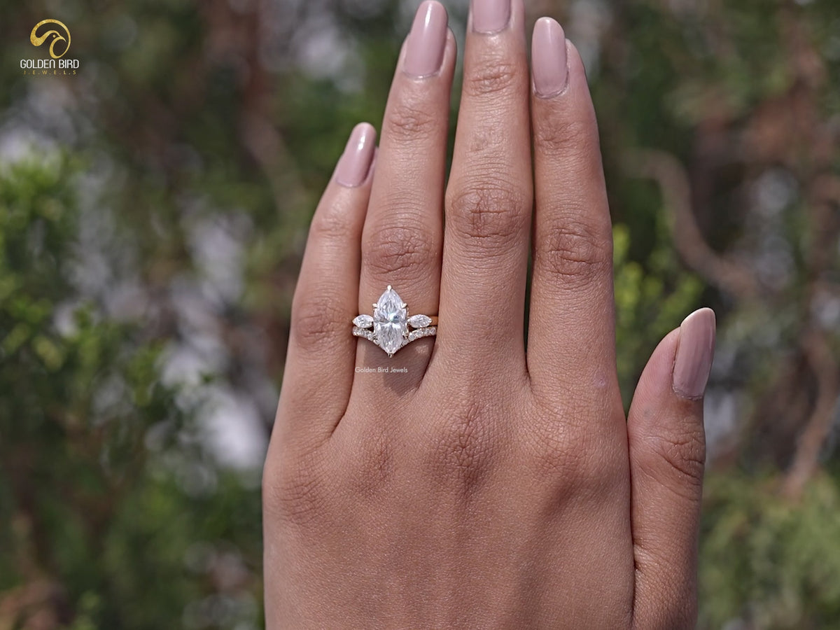 Marquise Cut Moissanite Three Stone Bridal Ring Set