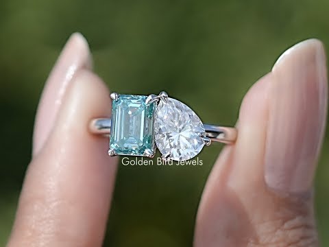 You tube Video of Pear And Emerald Cut Two Stone Moissanite Ring