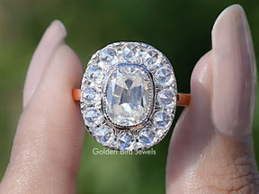 Elongated Old Mine Cushion Cut Moissanite Halo Ring