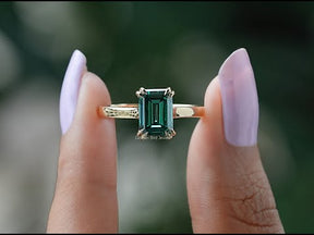 Youtube video  of moissanite ring in green emerald shaped 