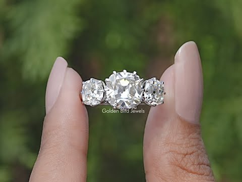 You tube Video Of Old Mine Cushion Three Stone Moissanite Ring

