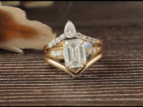 YouTube Video Of Emerald Moissanite Bridal Trio Ring With Curved Band Set