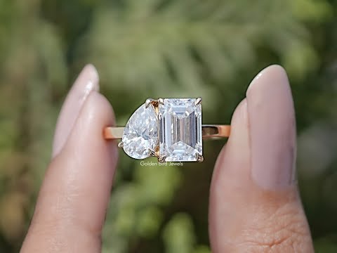 You tube Video of Pear And Emerald Cut Moissanite Two Stone Ring