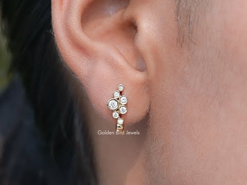 Round Lab Diamond Bezel Set U Shape Hoop Earrings