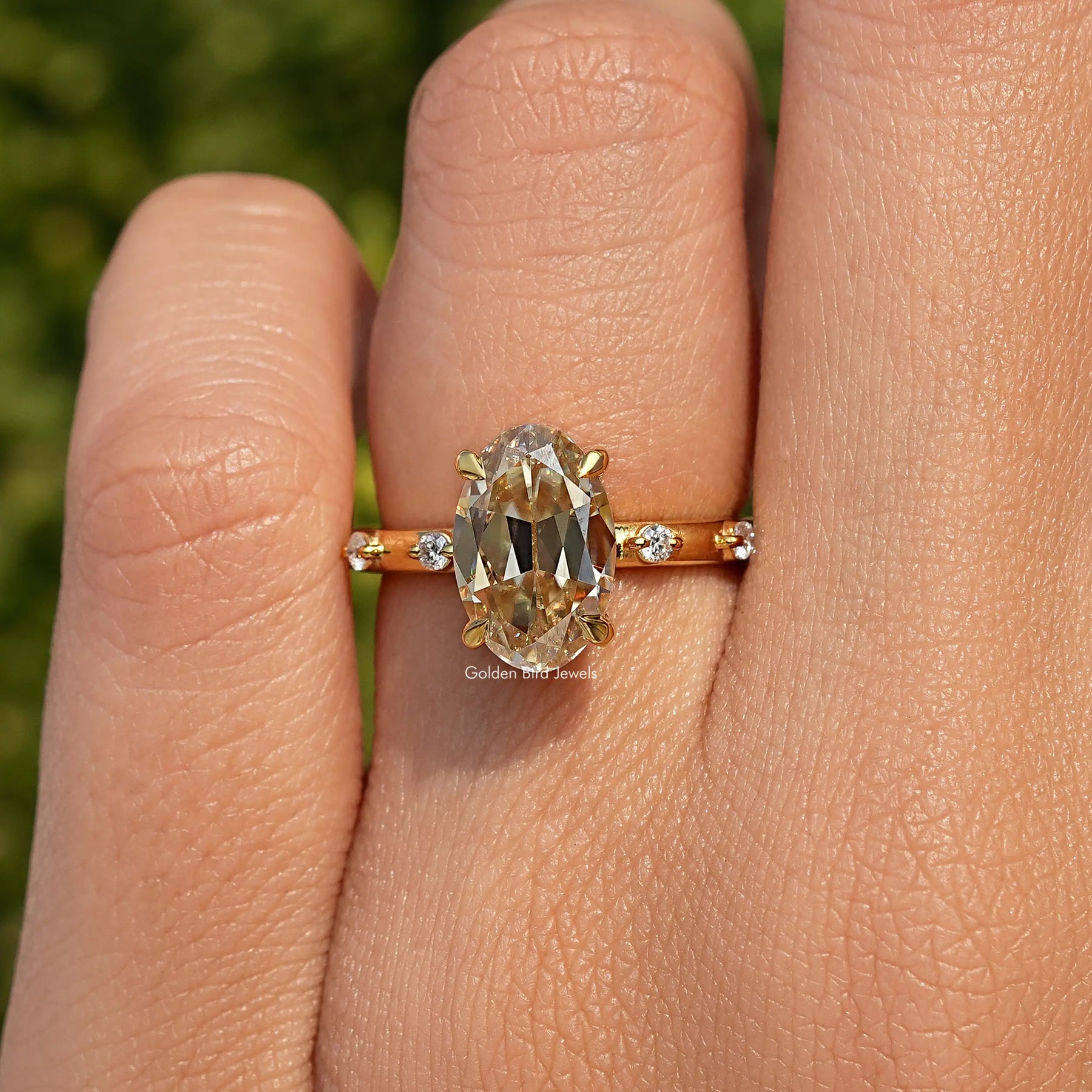 Yellow Old Mine Oval Cut Accent Stone Engagement Ring