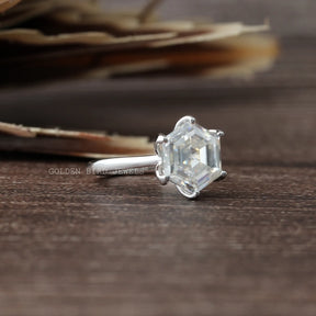 View of Moissanite Hexagon Cut Solitaire Engagement Ring In Finger