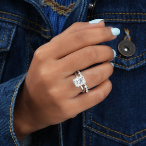 View of Radiant Cut Moissanite Half Eternity Matching Band In Finger