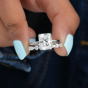 Front View of Radiant Cut Moissanite Half Eternity Matching Band In two Fingers