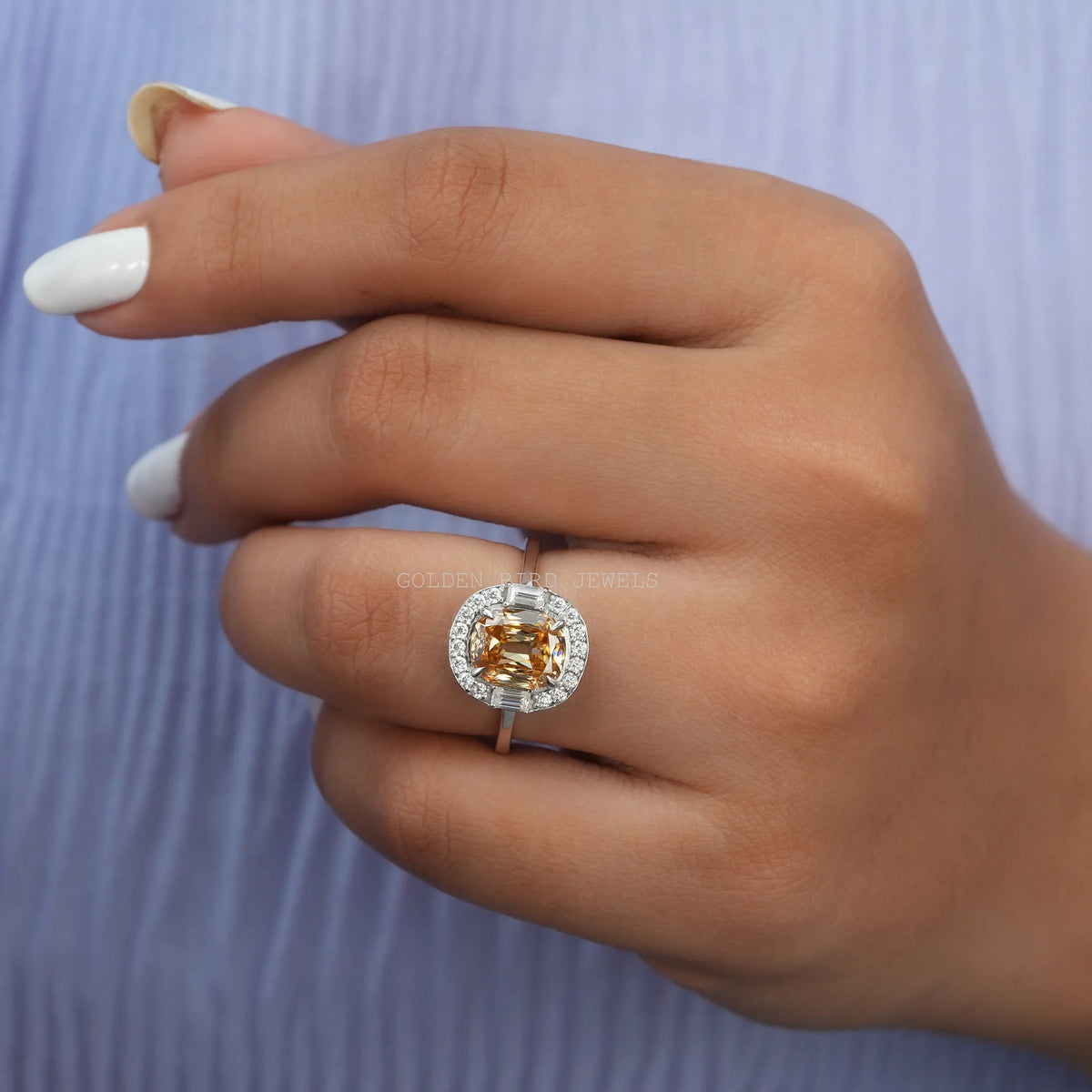 View of Criss Cut Cushion Moissanite Halo Engagement Ring In Finger