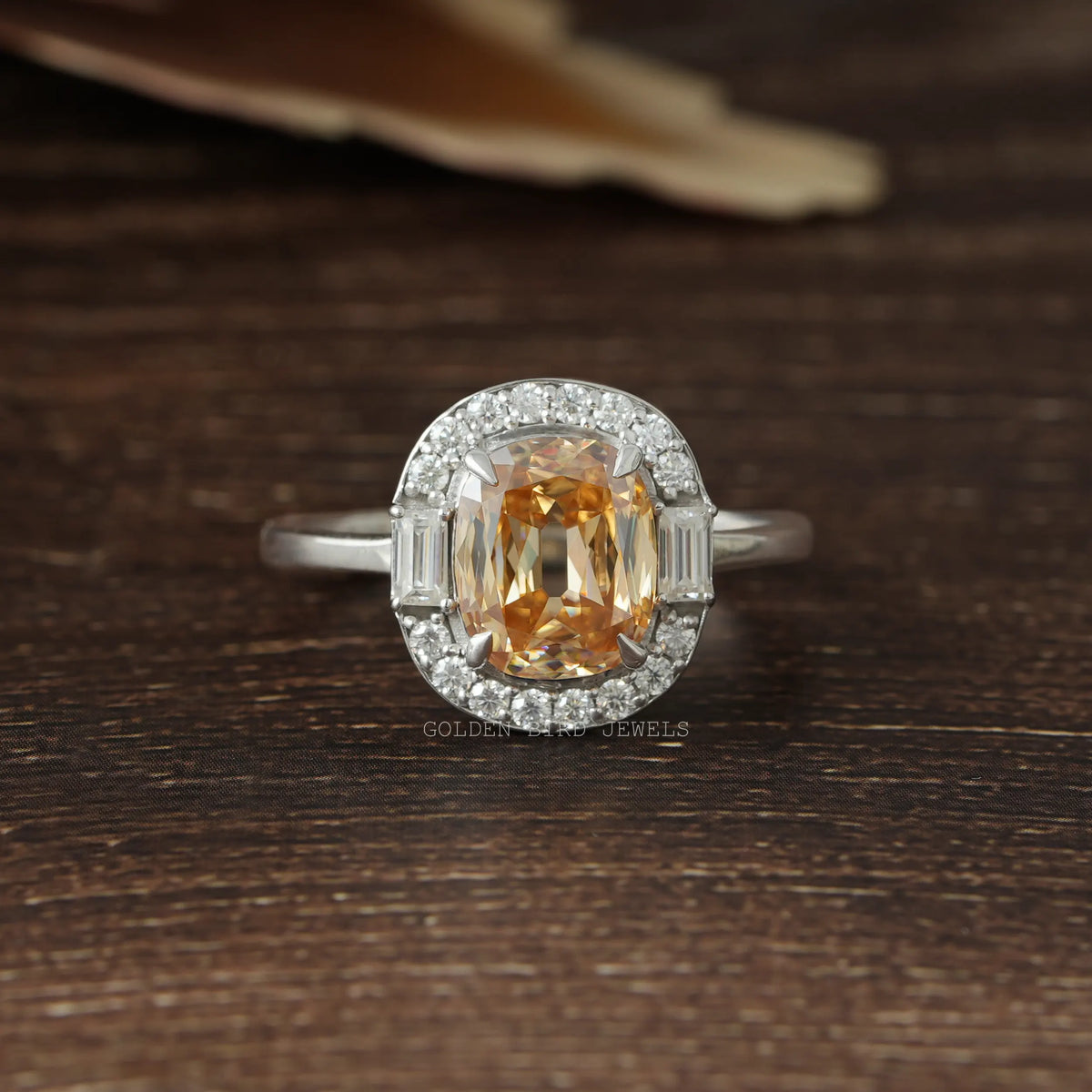 View of Champagne Criss Cut Cushion Moissanite Halo Ring In White Gold