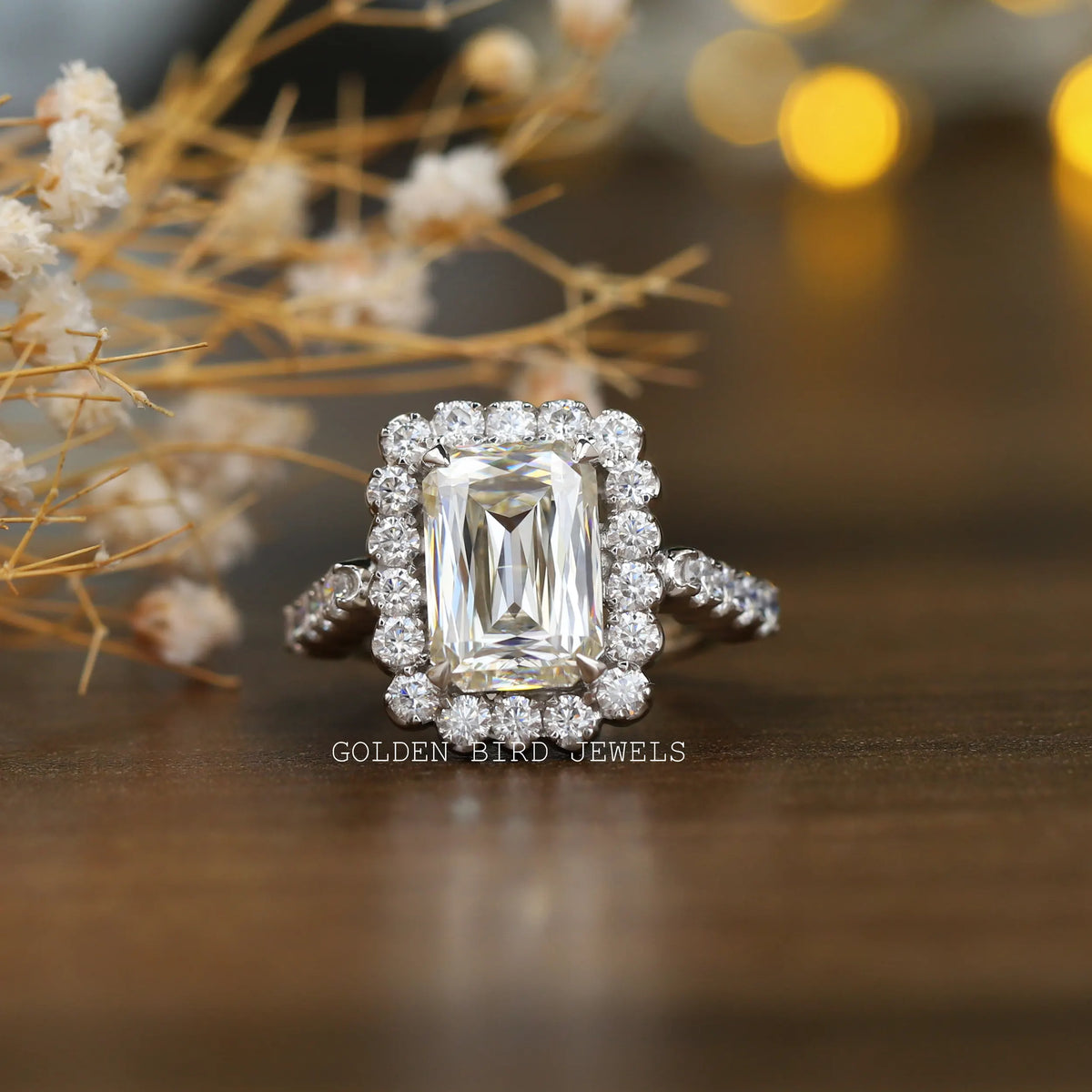 View of Criss Cut Moissanite Halo Cluster Engagement Ring In White Gold