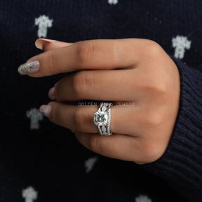 In finger front view of Cushion Cut Infinity Shank Wedding Ring In white gold