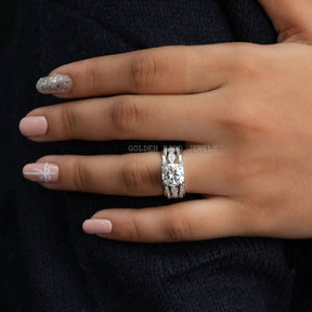 View Of Brilliant Cut Colorless Cushion Moissanite Bridal Ring In Finger
