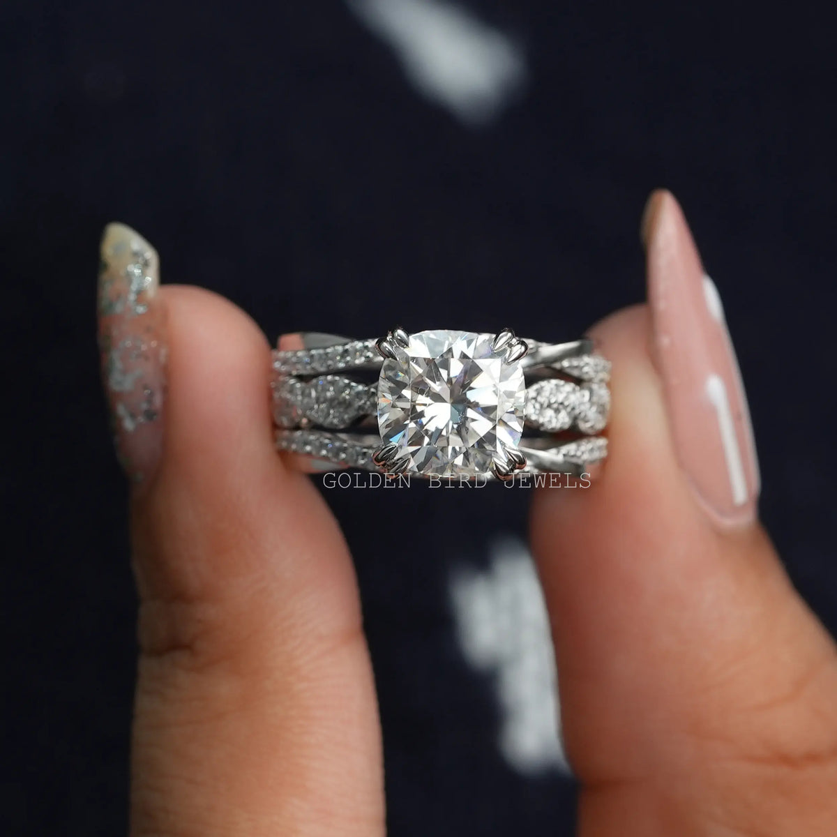 Front View of Cushion Cut Moissanite Double Prong Set In two Fingers