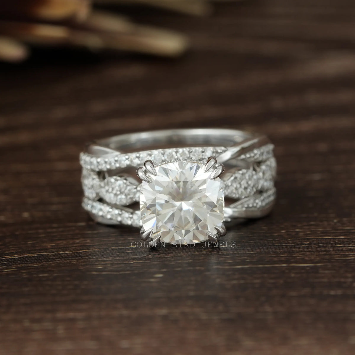 View of Cushion Cut Moissanite Bridal Wedding Ring In White Gold 