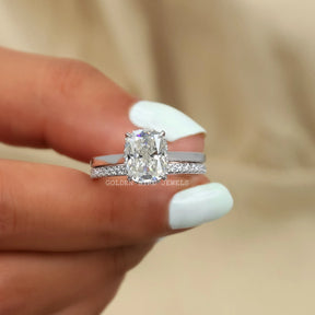 Front View of Cushion Cut Moissanite Bridal Wedding Ring In two Fingers
