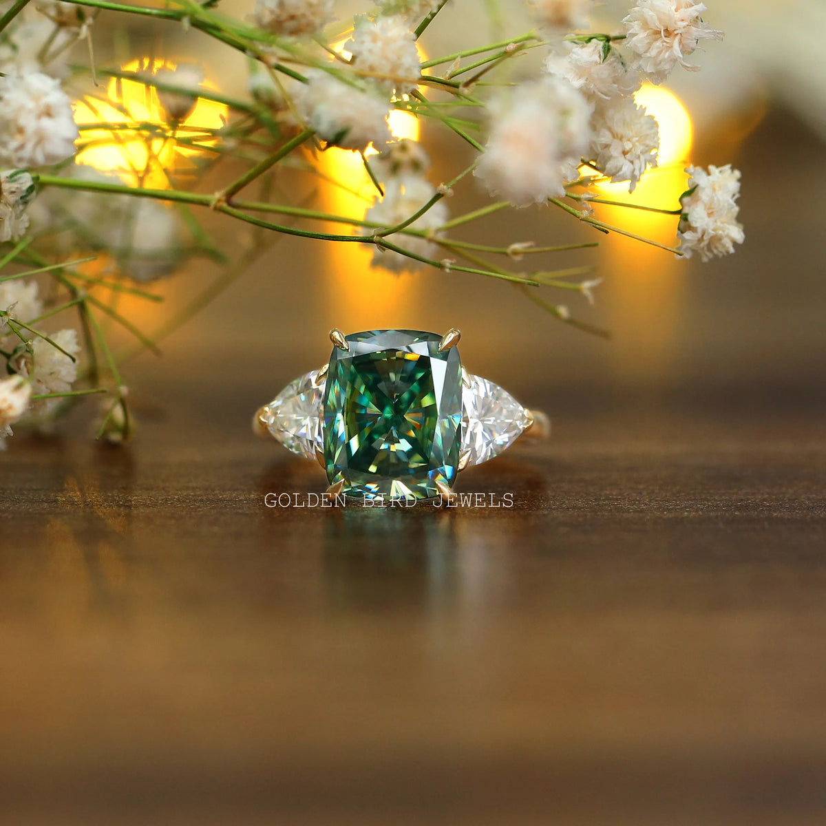 Front view of cushion cut  moissanite  engagement ring  
