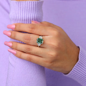View of halo blue green moissanite  ring 