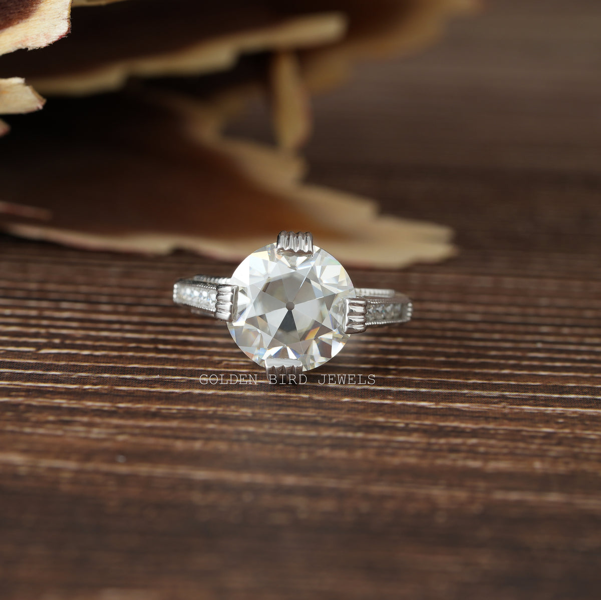 View of Round Cut Vintage Engagement Ring In 14K White Gold